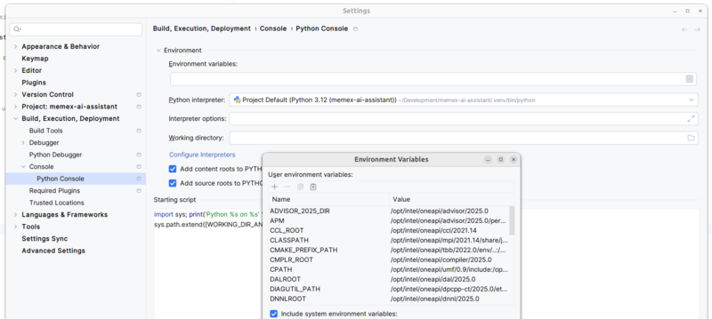 Setting up to use Intel GPU acceleration in the PyCharm Python console